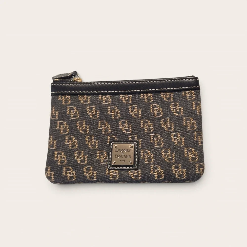 Dooney & Bourke Navy Monogram Denim Zip Pouch Coin Purse Leather Trim